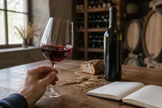 Dégustation attentive d’un vin rouge dans une cave, avec un carnet, du pain et des céréales sur une table en bois.