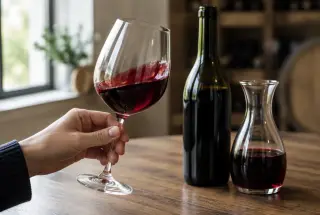 Verre de vin rouge naturel aéré à côté d’une bouteille ouverte et d’une carafe en verre sur une table lumineuse.