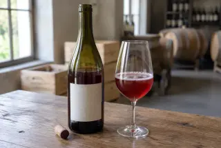 Bouteille de vin nature ouverte et verre de vin légèrement pétillant sur une table en bois dans une cave lumineuse.