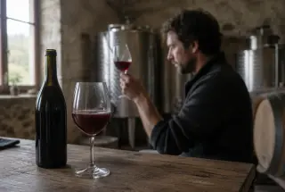 Dégustation attentive d’un vin naturel rouge dans une cave artisanale, avec une bouteille sans étiquette et des cuves en arrière-plan.